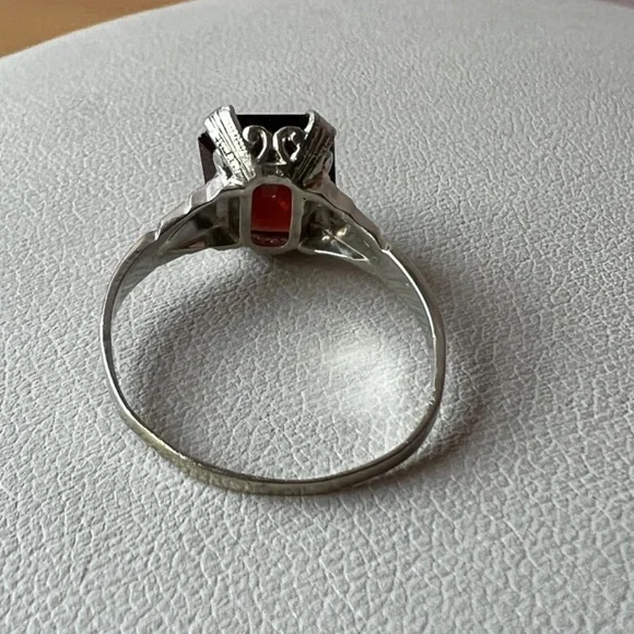 OSTBY BARTON ANTIQUE ART DECO 14K WHITE GOLD EMERALD CUT GARNET RING HALLMARKED